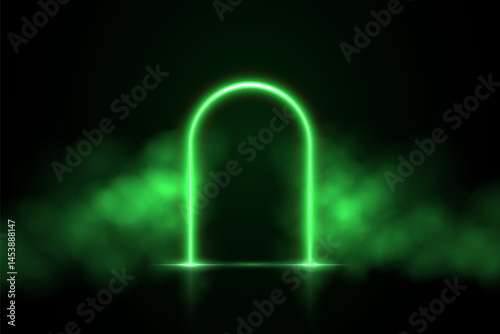 Green neon portal. Glowing color arch with light effect on black smoky background. Futuristic gateway with mist effect and soft reflections. Mysterious entrance. Abstract vector illustration.