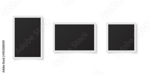 Blank retro photo frames. Set of empty vintage photo placeholders with white borders on white background. Scrapbook or memory album templates. Realistic vector illustration.