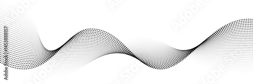 Wave abstract pattern. Flow of black curved dotted line vector illustration isolated on white background. Dynamic shiny swirl backdrop. Digital, technology, ai, music, modern design element.