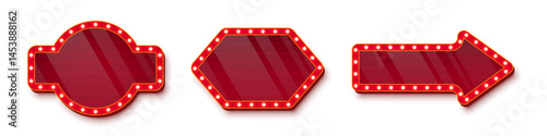 Retro casino light signs with red glossy glass surfaces and golden bulbs around the edges on white background. Circus, cinema, theater banners. Vector illustrations set.