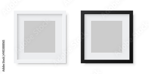 Square picture frames with minimalist design. White and black photo frames isolated on transparent background. Empty mockups. 3d realistic template vector illustrations set.
