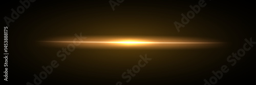 Golden horizontal light flare on dark background. Bright glowing burst with soft glow edges. Gold light effect for festive, magical, sci-fi themes. Abstract vector illustration.