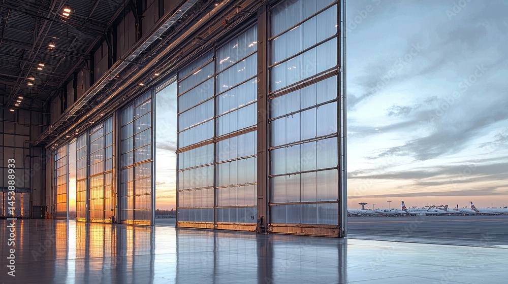 Fototapeta premium Large hangar doors are open, showcasing a vibrant sunset illuminating the airport landscape. Parked airplanes are visible in the distance, creating a tranquil atmosphere