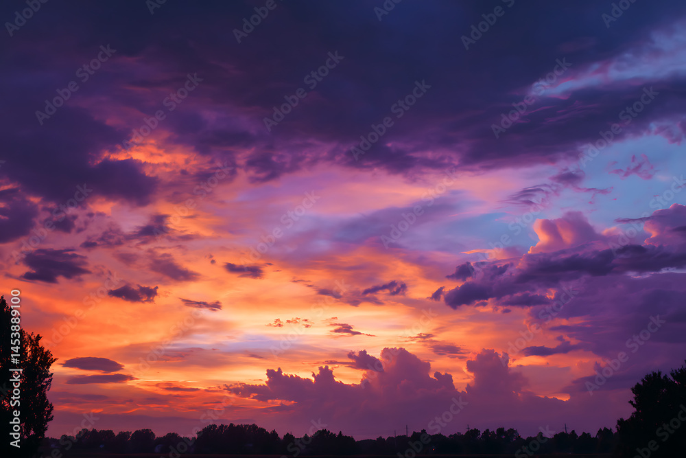 Fototapeta premium Vibrant Sky At Dusk Majestic Sunset With Colorful Clouds Above Rural Landscape Stunning Atmospheric Phenomena