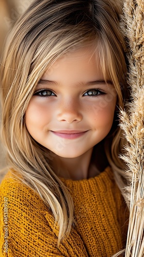 Portrait of a Happy Little Girl with Blonde Hair and Freckles