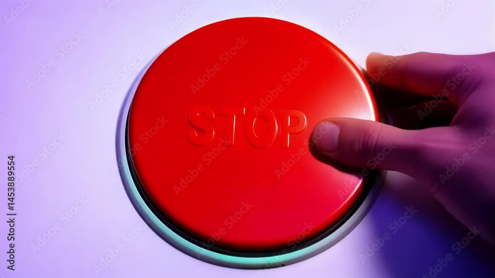 Stop Button Detected Red emergency stop button with hand approaching to press it. Finger ...