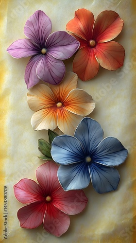 Wallpaper Mural Five vibrant flowers in hues of purple orange yellow blue and pink artistically arranged on a textured pale yellow Torontodigital.ca