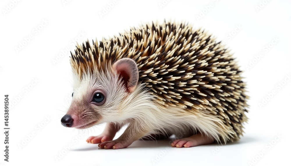 Fototapeta premium Small hedgehog, curled in a ball, isolated on pure white background, wild, background, pet