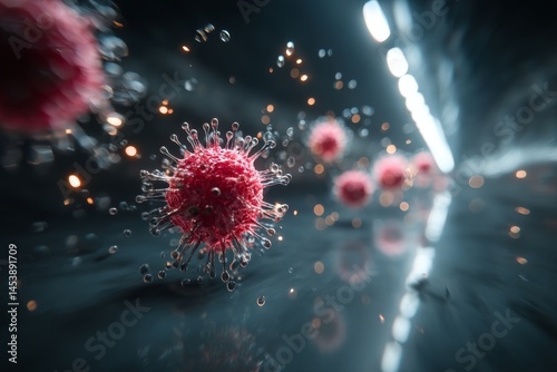 Close-up view depicting a group of pathogenic microorganisms with surface proteins in body with motion blur and sparkling particles