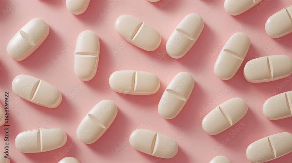 White oval pills with score marks scattered on pink background, healthcare and medication concept. White oval pills with score marks scattered on pink background, healthcare and medication concept.