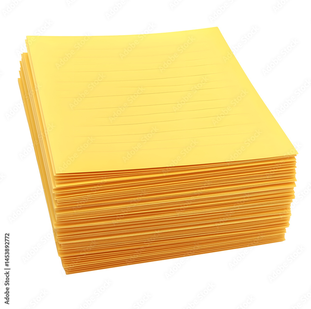 3D Stack of Yellow Sticky Notes Isolated on Transparent Background