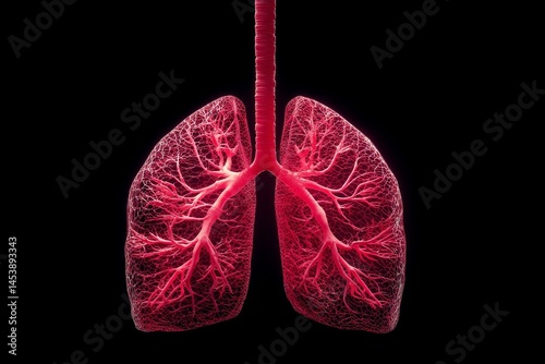 Human pulmonary system in detailed red anatomical view, bronchus, trachea, alveolar structure, respiration, on black background