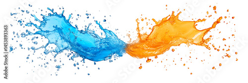 Blue and orange water splash collision on transparent background isolated png