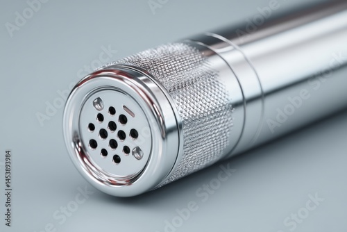 Close-up of a shiny metal stick with holes on a light surface; a metallic, knurled handle reflects light.