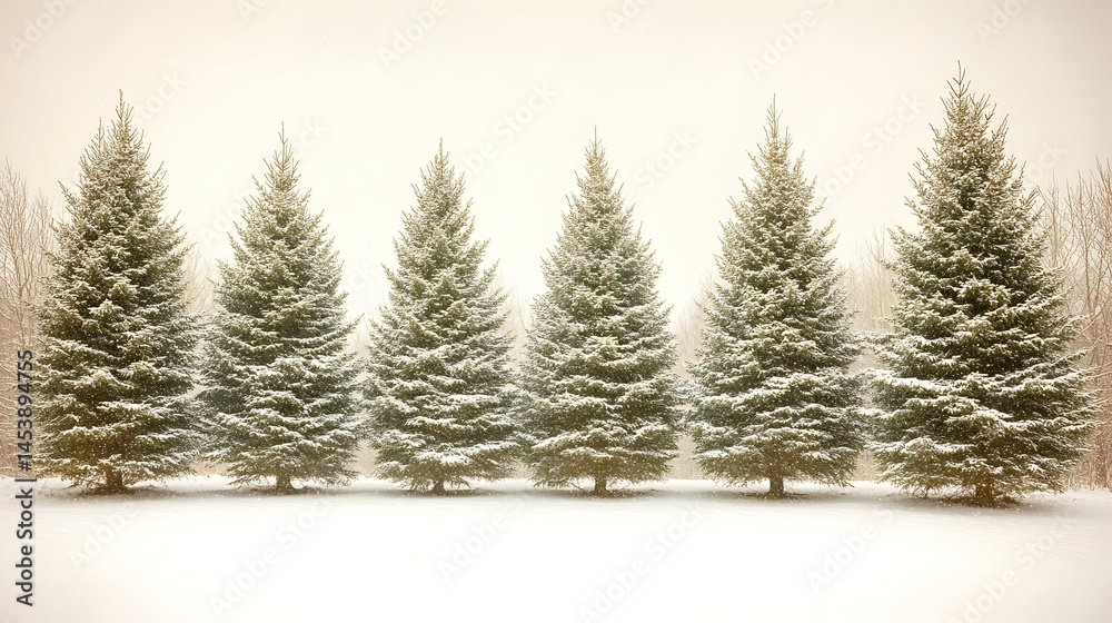 Obraz premium Five snow-covered evergreen trees in a row on a snowy landscape