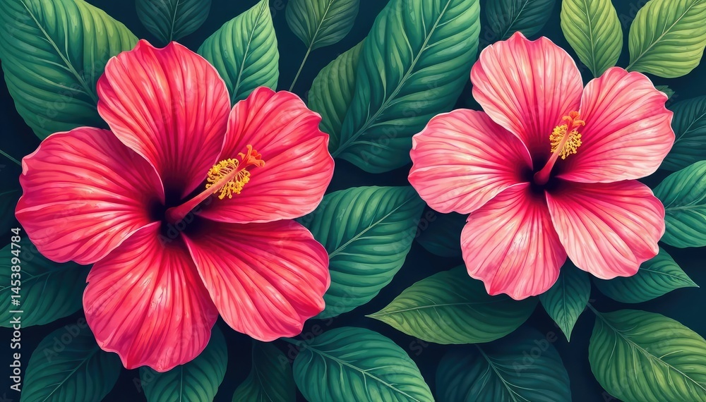 custom made wallpaper toronto digitalBold hibiscus & tropical leaves, vibrant color block print, textile, bloom, exotic flowers