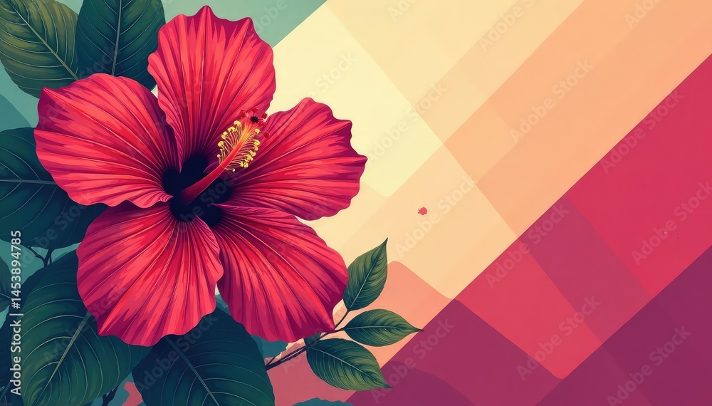 Obraz premium Bold hibiscus silhouette, stylized leaves, geometric background, sharp, floral