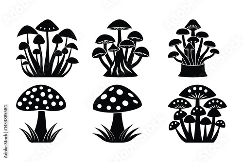 Collection of Six Unique Mushroom Illustrations Black and White Vector Graphics