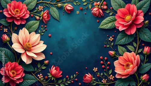 Intricate floral tapestry wallpaper, rich jewel tones, blue, image, geometric