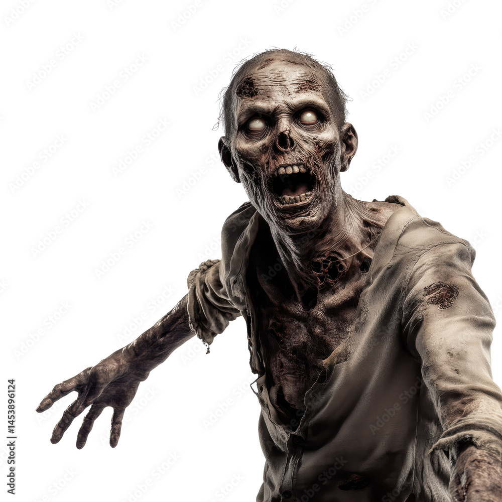 Fototapeta premium A Terrifying Zombie Figure in a Dramatic Horror Scene , isolated on white background PNG