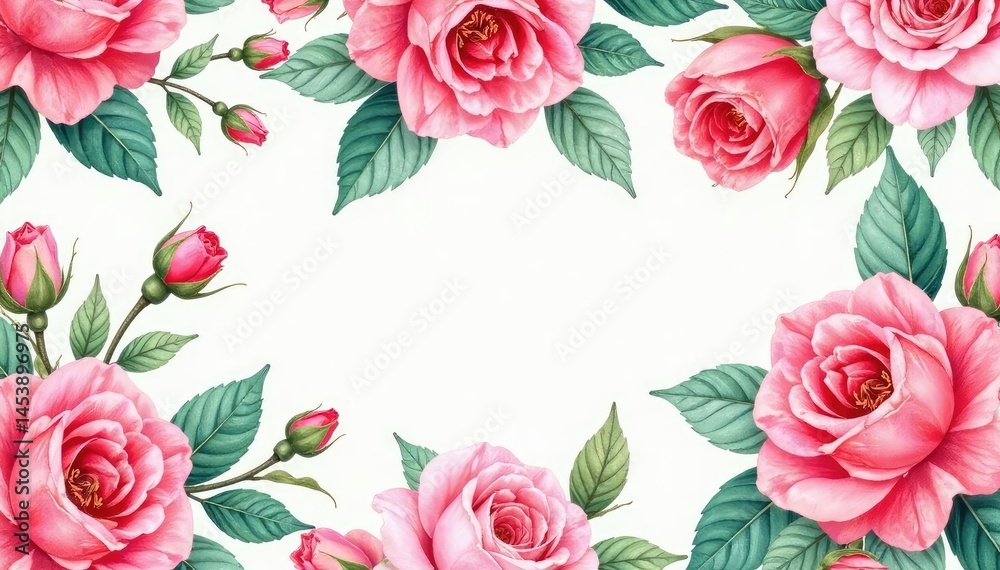 Naklejka premium Delicate watercolor roses & leaves, repeating seamlessly , illustration, plant