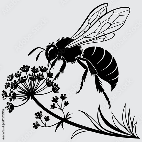 A bee collecting nectar image silhouette design vector art and illustration