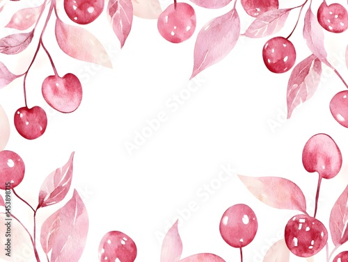Watercolor Cherry Frame Design, Hand Painted Cherry Border Illustration, Cherry Wreath Watercolor Decor, Cherry Frame Decoration, Cherry Border Art for Design