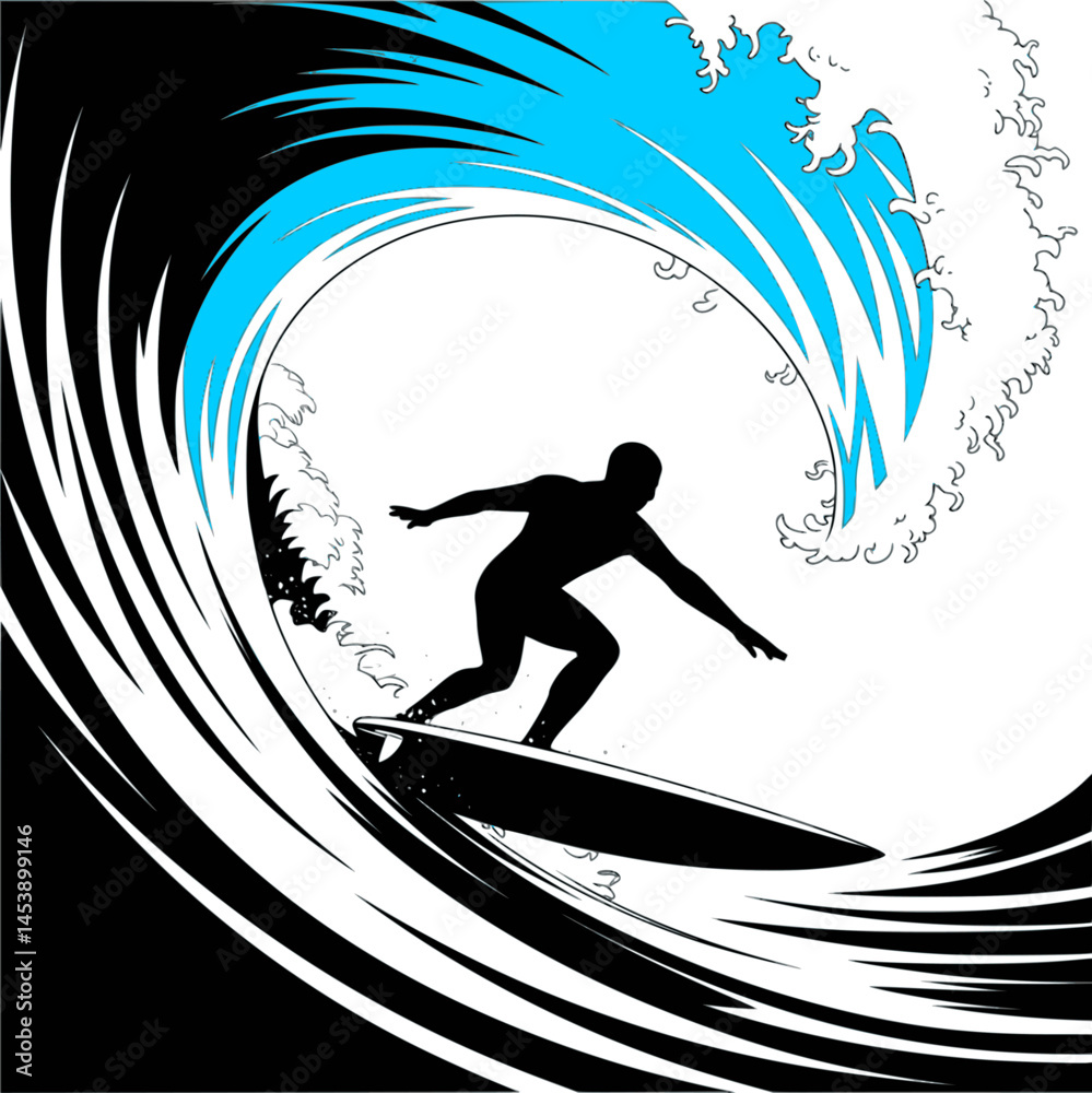 Fototapeta premium Silhouette Surfer Riding Big Wave – Dynamic Surfing Vector Illustration with Splash and Motion Lines