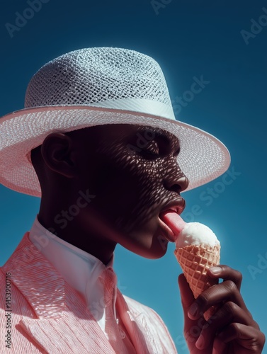 Androgynous African young man in pastel suit and woven white hat licking vanilla ice cream cone with artistic shadow under blue sky