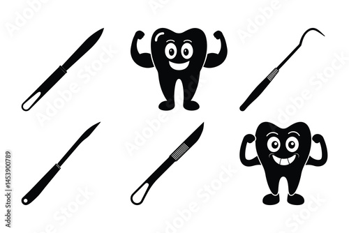 Strong Teeth, Healthy Smile Dental Tools and Cartoon Tooth Illustration