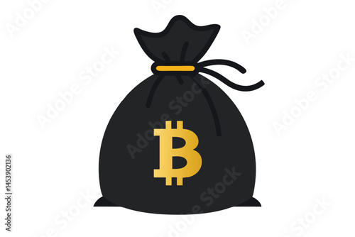 A filled dark sack displays a golden bitcoin symbol against a transparent background