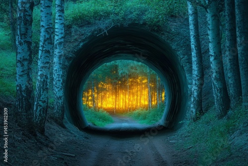 Magical forest tunnel with glowing trees and lush green foliage creating a dreamy enchanted woodland path photo