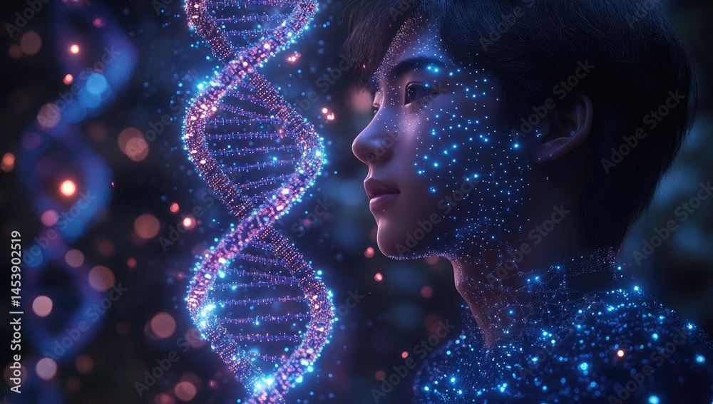 A digital illustration of a person and glowing DNA. A digital illustration of a person and glowing DNA.