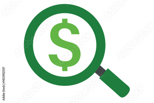 A green dollar sign is being magnified by a matching magnifying glass object