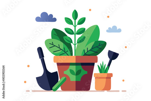 A potted plant flourishes with gardening tools under a cloudy sky, isolated on white