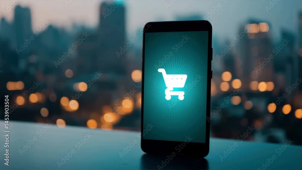 A smartphone displaying a shopping cart icon amidst a blurred cityscape, symbolizing online shopping.