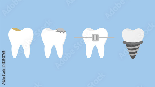 Teeth dental icon set isolated, vector illustration, on blue background 