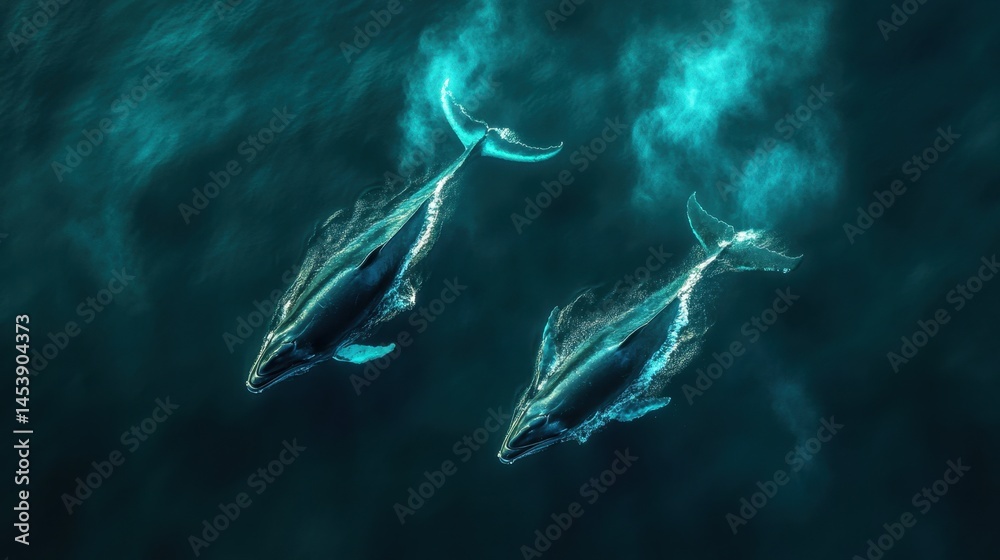 Naklejka premium Giant sprays of water shoot from surfacing whales across the vast deep blue sea