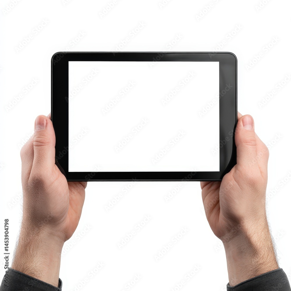 Man's Hands Holding a Tablet with Blank White Screen Perfect for Mockups and Technology Presentations Man's Hands Holding a Tablet with Blank White Screen Perfect for Mockups and Technology Presentations