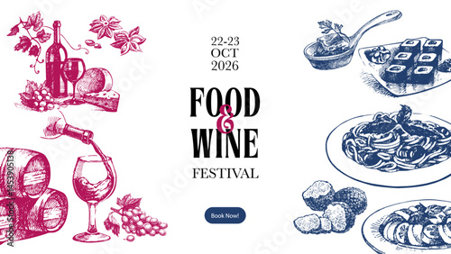 Hand drawn vintage poster with wine, cheese, sushi, pasta, truffles. Food festival, tasting event, culinary promotion concept. Sketch vector illustration