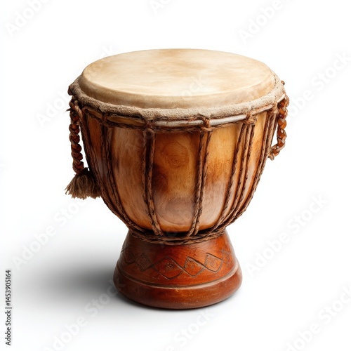 Authentic Wooden Djembe Drum Isolated on White Background Perfect for Music Culture and Percussion Themes photo