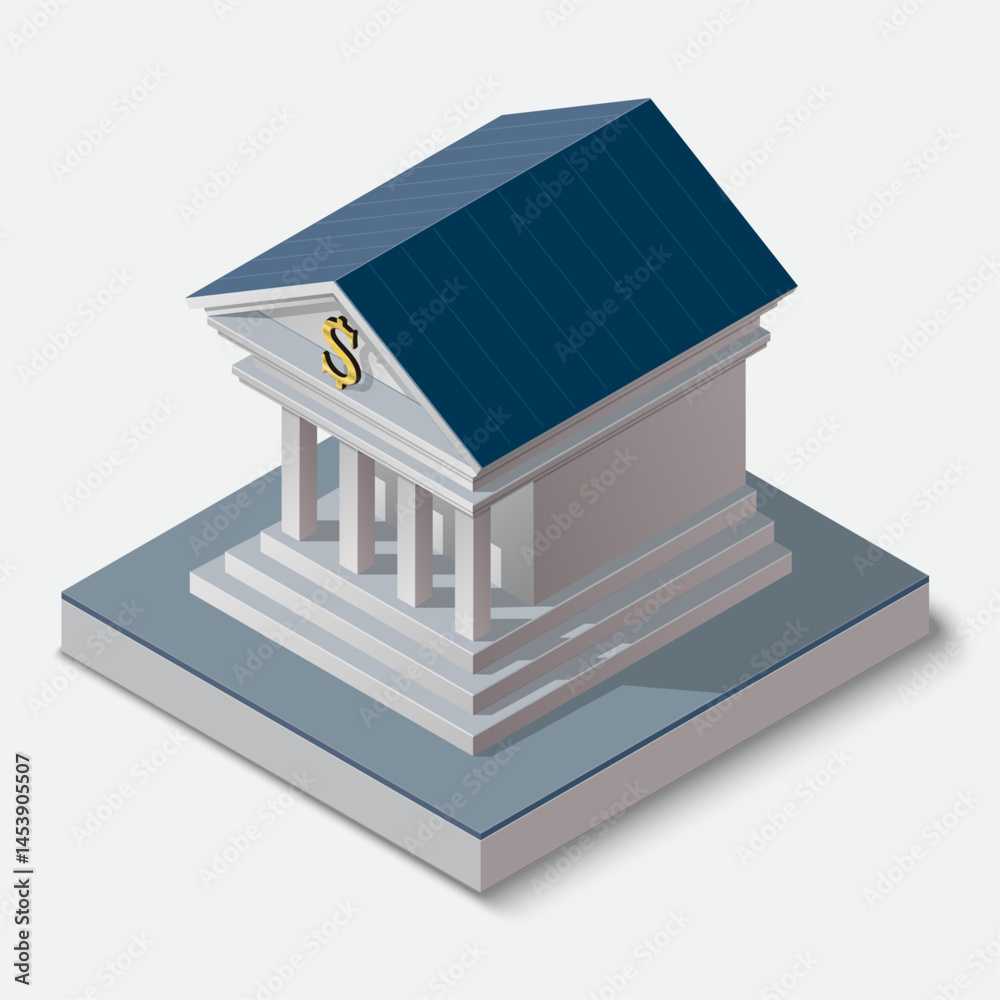 isometric Vector illustration of bank building on white background.