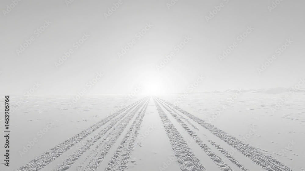 Serene winter landscape with tire tracks in snow white icy sky art cold road path view calm vast pure Serene winter landscape with tire tracks in snow white icy sky art cold road path view calm vast pure