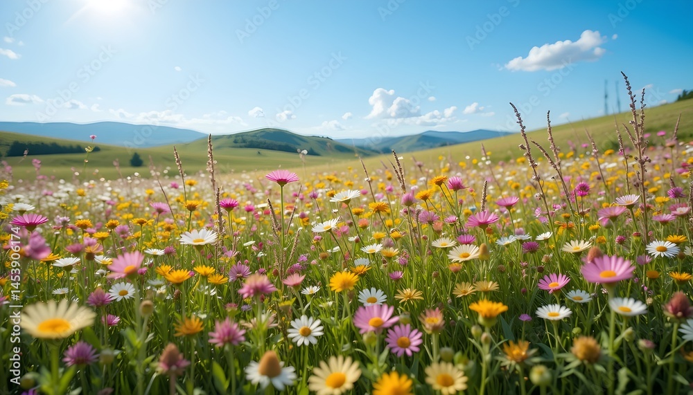 Obraz premium A blooming field of wildflowers under a bright blue sky with gentle hills in the background 