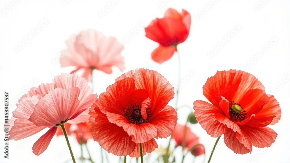 Obraz premium Dreamlike Pink and Red Poppies: Macro Studio Shot, Isolated on White