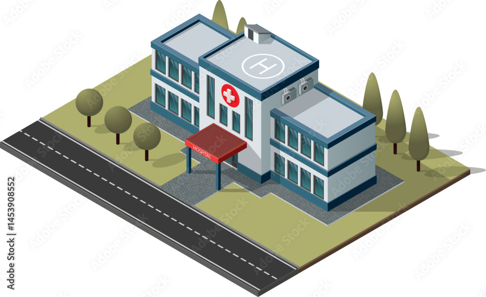 Hospital and ambulance building. isometric illustration. EPS 10 vector.