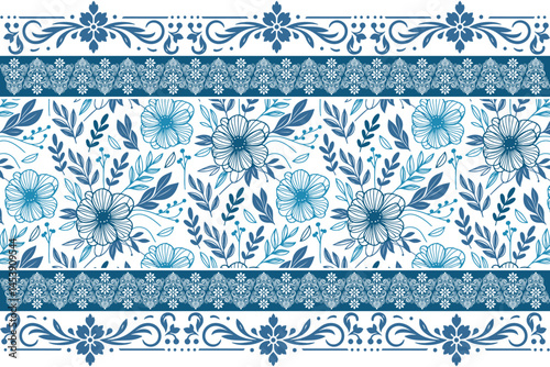 blue seamless modern pattern. floral sketch embroidery. elegant botanical petals. one line flower design. outline textile background. clean fashion texture
