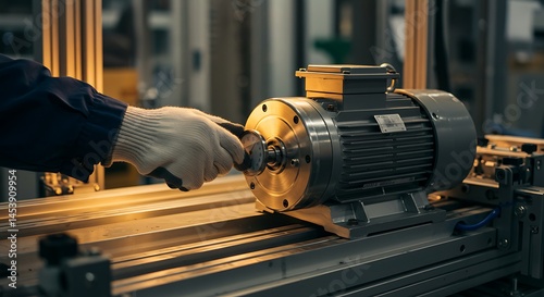 Close-up shot showcasing a worker inspecting an electrical motor at factory