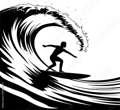Silhouette Surfer Riding Big Wave – Dynamic Surfing Vector Illustration with Splash and Motion Lines , transparent background.