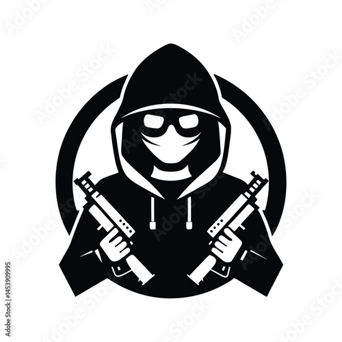 Masked Hooded Figure with Submachine Guns